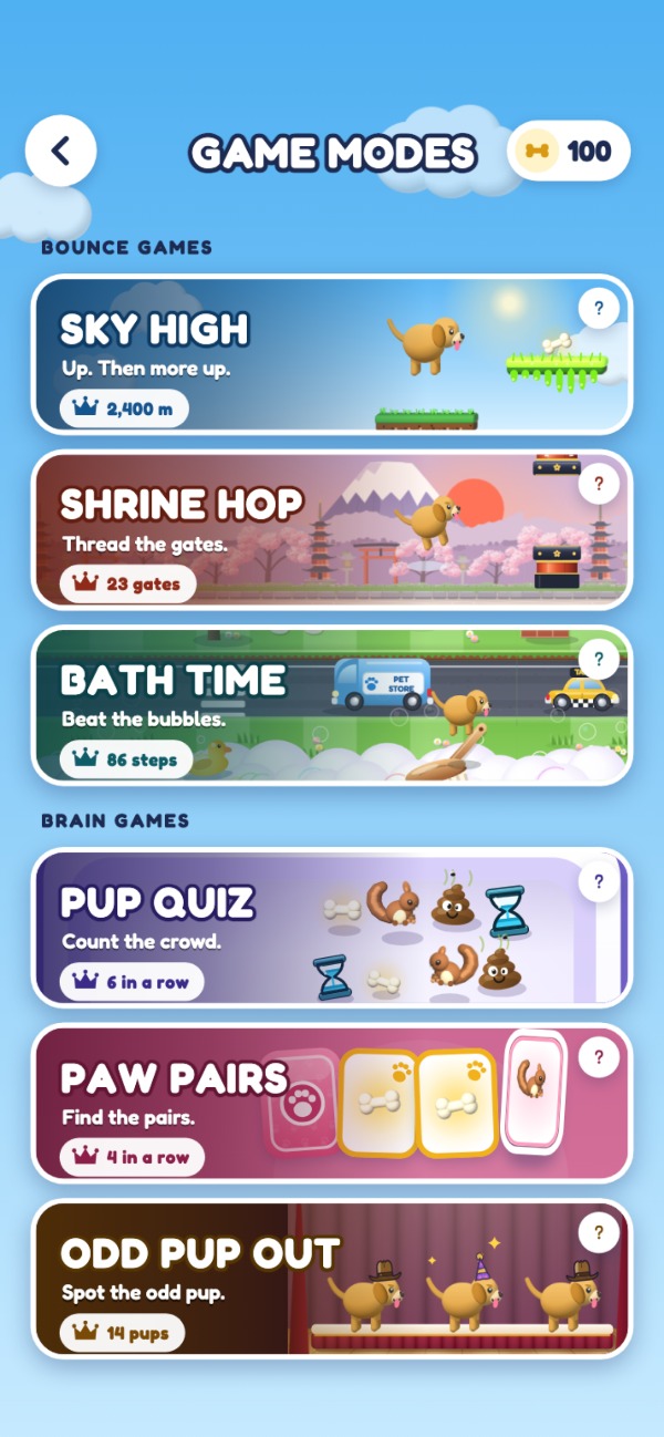 Bouncy Doggo: the game modes, six picture cards, the bounce games above the brain games