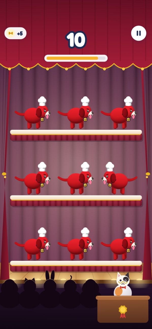 ODD PUP OUT: a line-up of pups on a theater stage, one of them not like the others, the cat judging from its box
