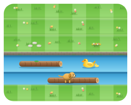 The pup riding a log across a canal